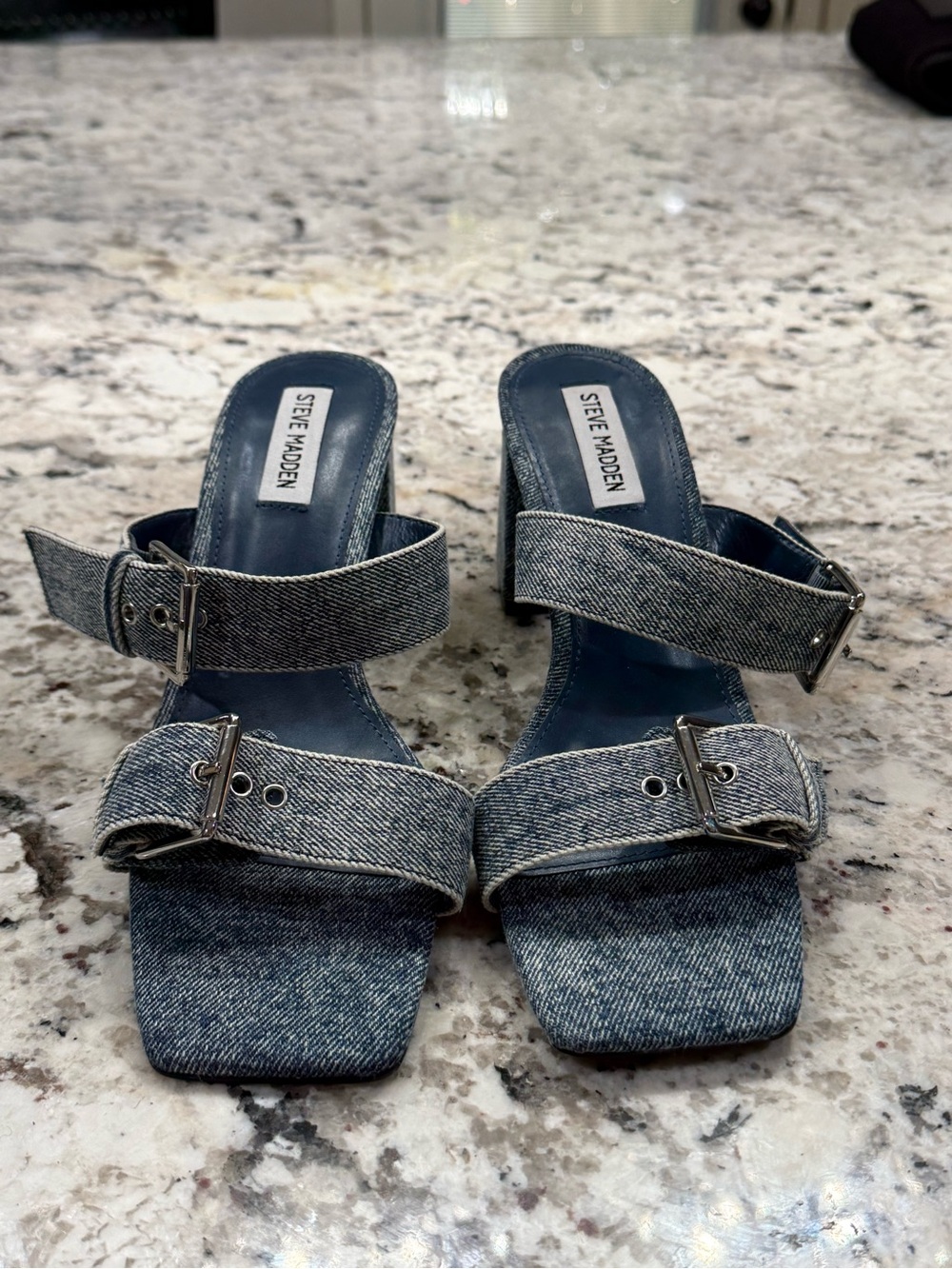 Steve Madden Denim Double Buckle Mid-Heel Sandals